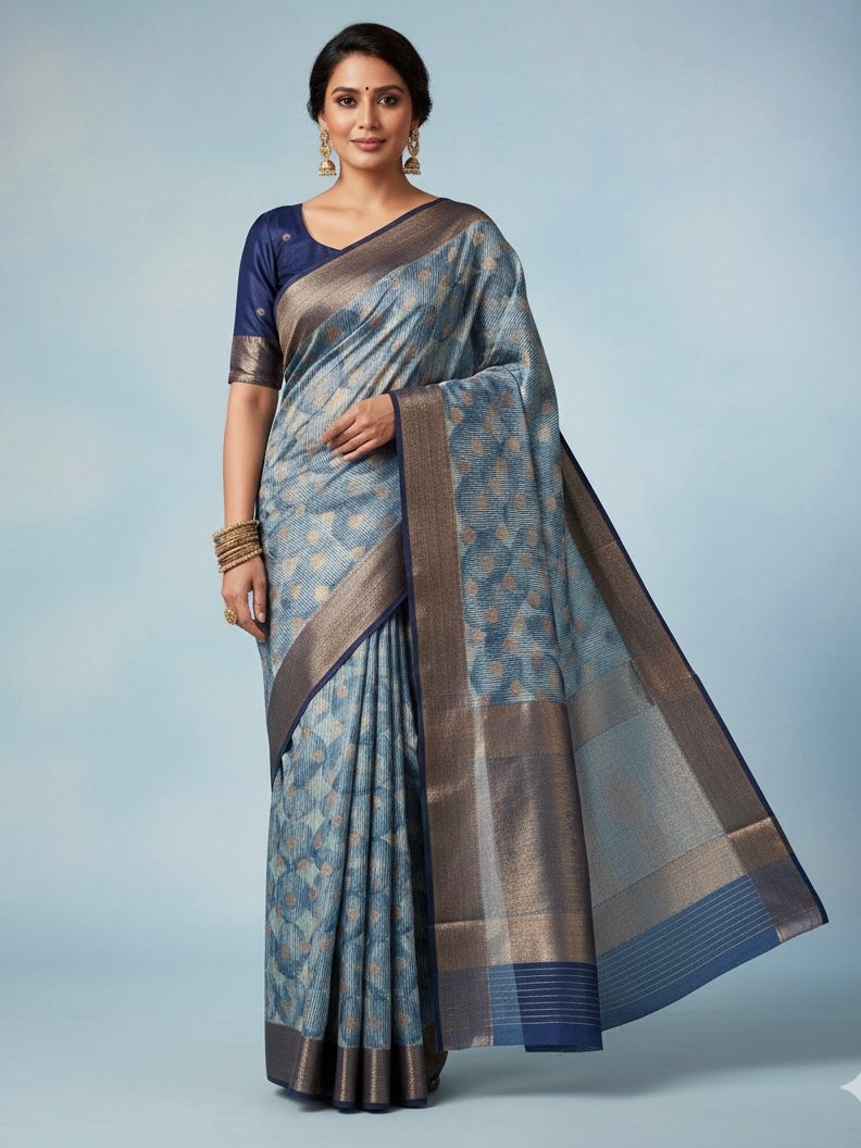 Pure Chinya Silk Banarasi Saree – Blue Grey with Zari Polka Motifs