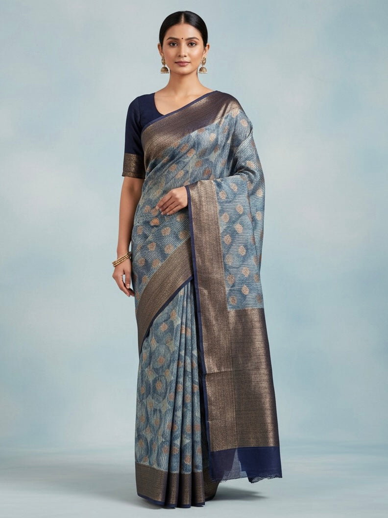 Pure Chinya Silk Banarasi Saree – Blue Grey with Zari Polka Motifs