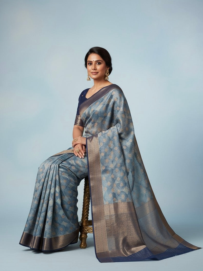 Pure Chinya Silk Banarasi Saree – Blue Grey with Zari Polka Motifs