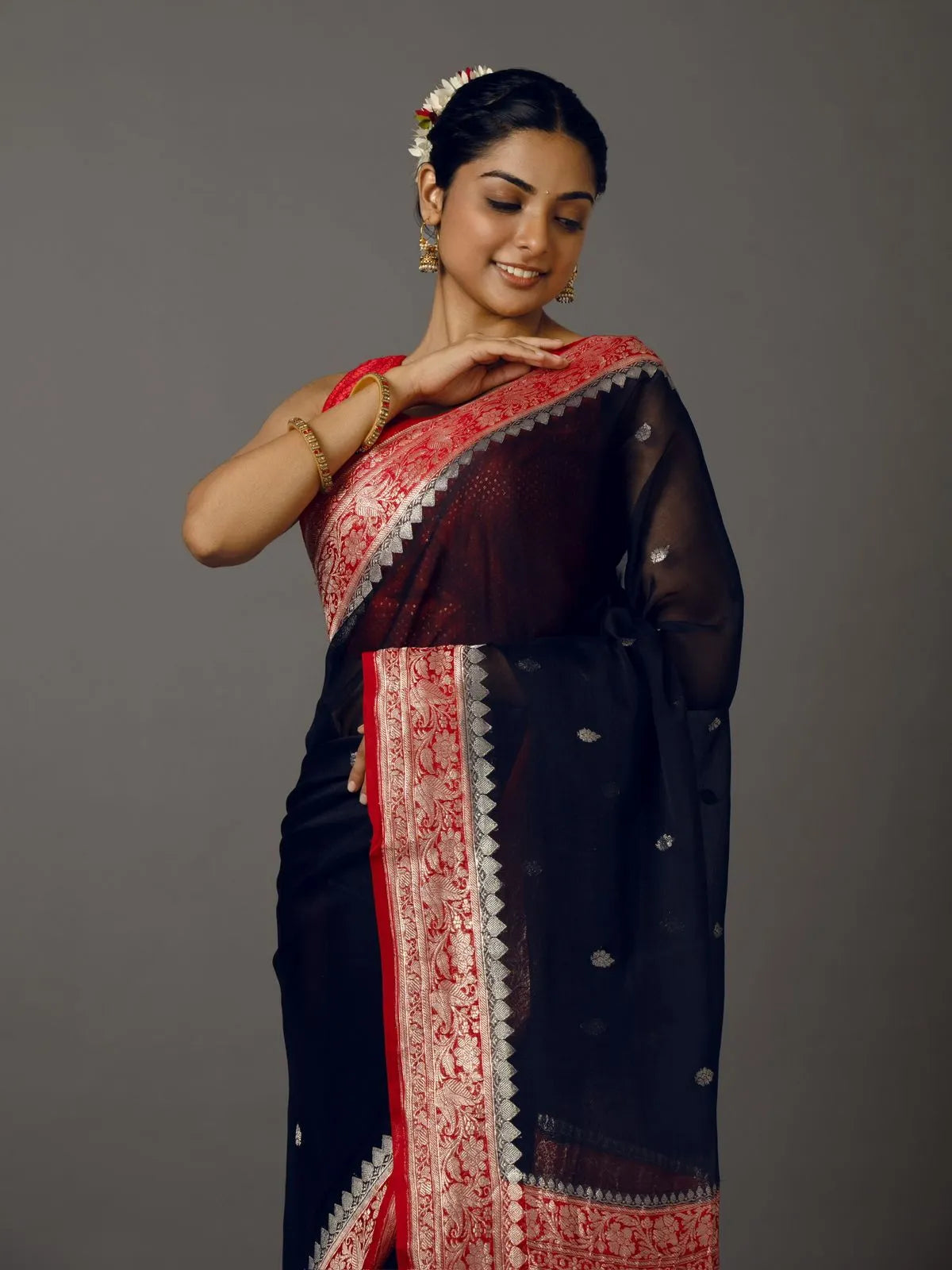 Banarasi Pure Khaddi Chiffon Saree- Contrast