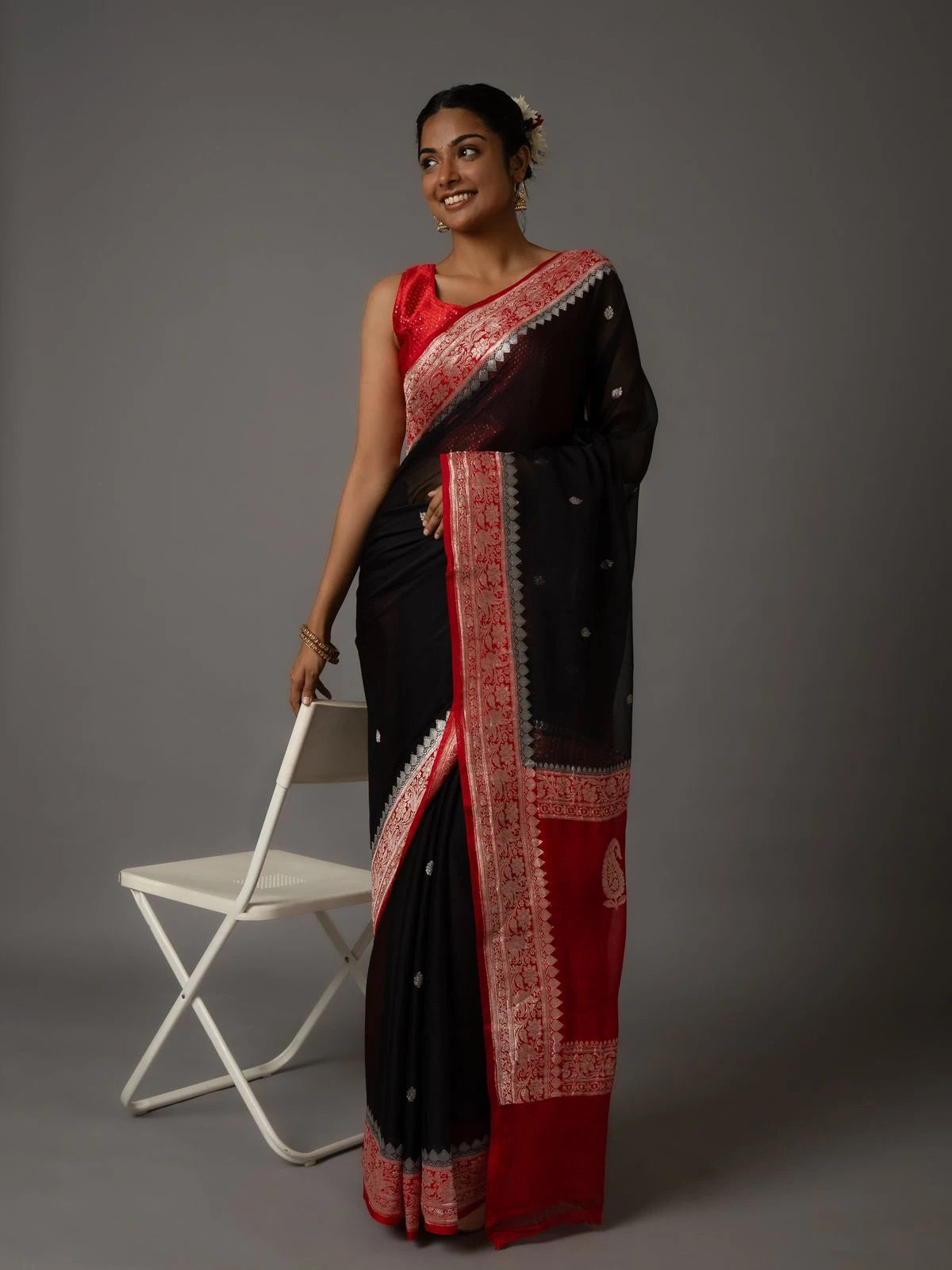 Banarasi Pure Khaddi Chiffon Saree- Contrast