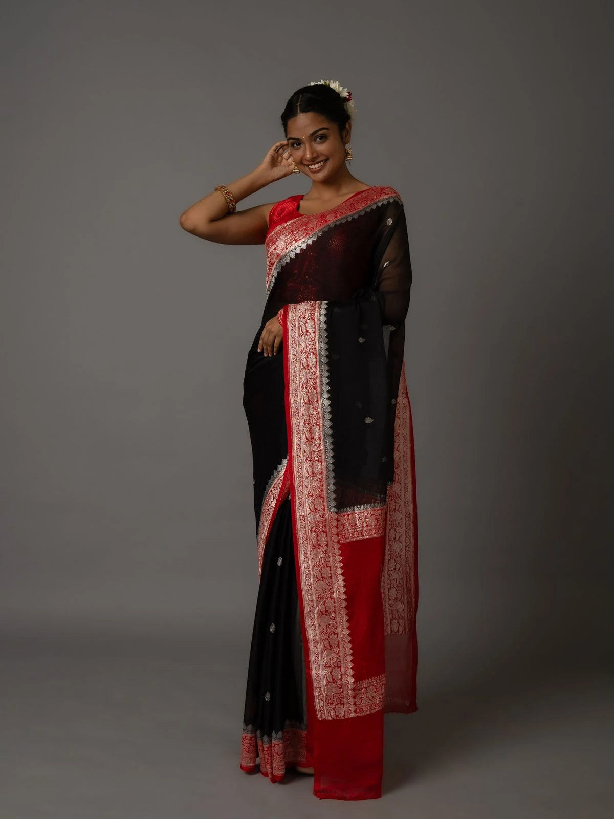 Banarasi Pure Khaddi Chiffon Saree- Contrast