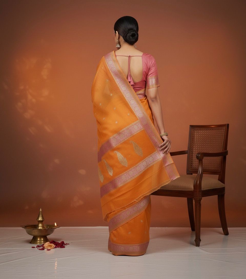Banarasi Pure Khaddi Chiffon Saree-Self