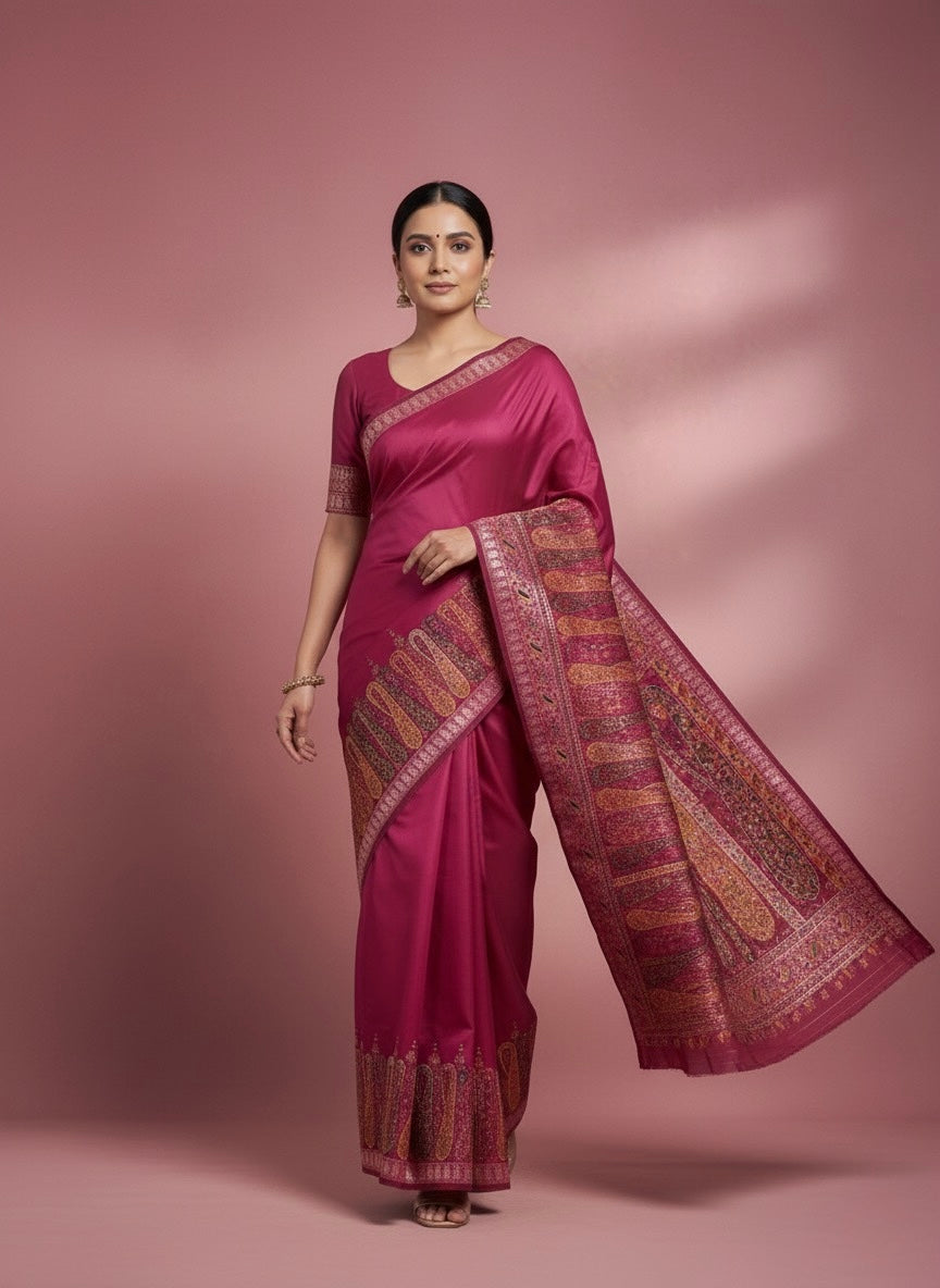 Pure Pashmina Silk Saree – Kashmiri Paisley Border