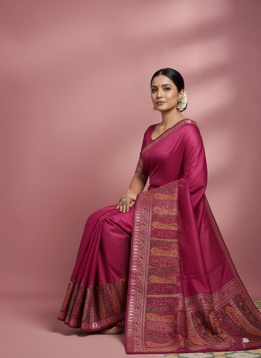Pure Pashmina Silk Saree – Kashmiri Paisley Border