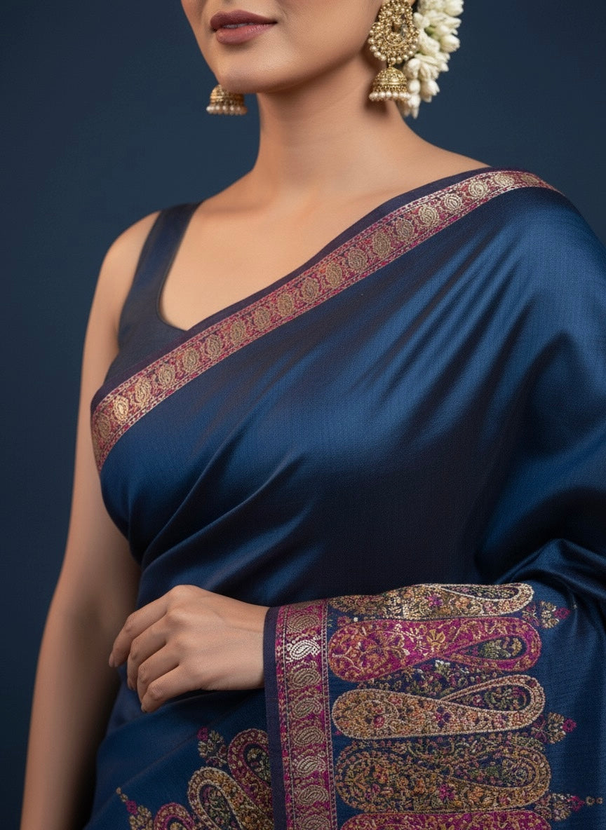 Pure Pashmina Silk Saree – Kashmiri Paisley Border