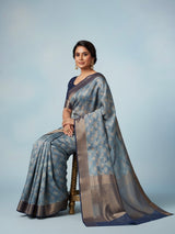 Pure Chinya Silk Banarasi Saree – Blue Grey with Zari Polka Motifs