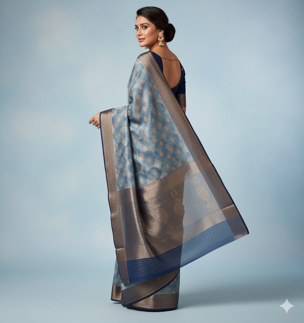 Pure Chinya Silk Banarasi Saree – Blue Grey with Zari Polka Motifs